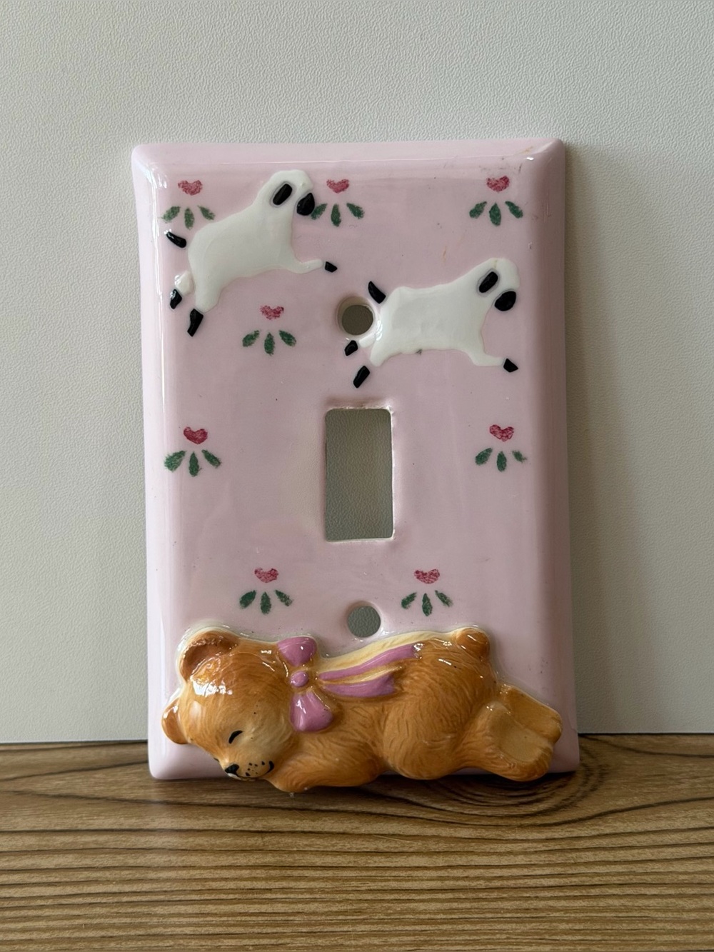 Vintage Pink Ceramic Light Switch Cover Plate Teddy Bear Sheep Flowers